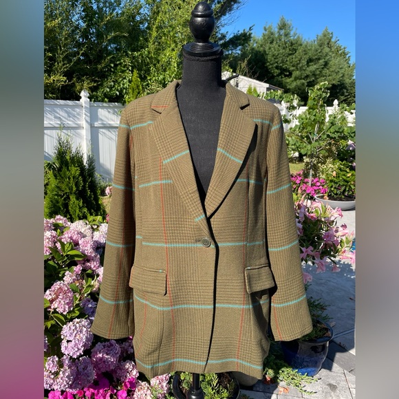 Linea Louis Dell'Olio Women's Olive Houndstooth Plaid Blazer Jacket Size 12 - Picture 1 of 11